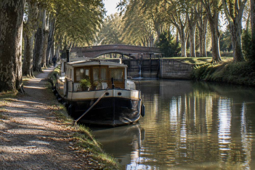 A canal boat moored on the tree lined Canal du Midi near Toulouse