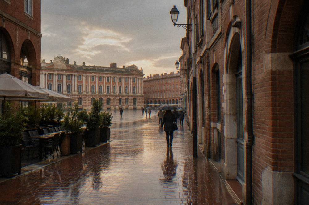 A narrow pink-brick street in the Saint-Etienne quarter of Toulouse