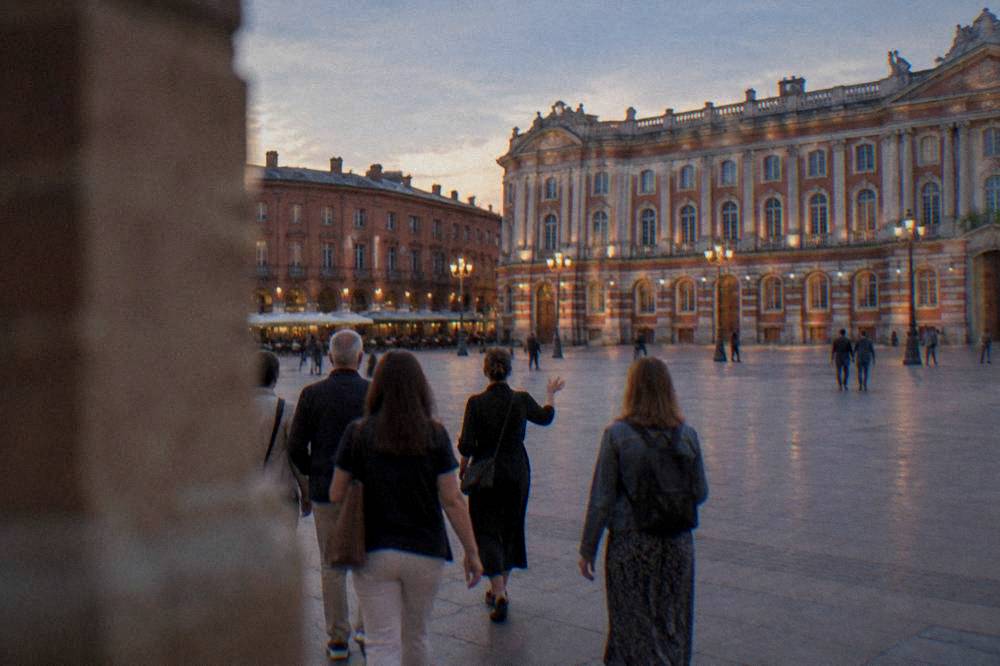 A small group of visitors walking with a guide through a Toulouse square