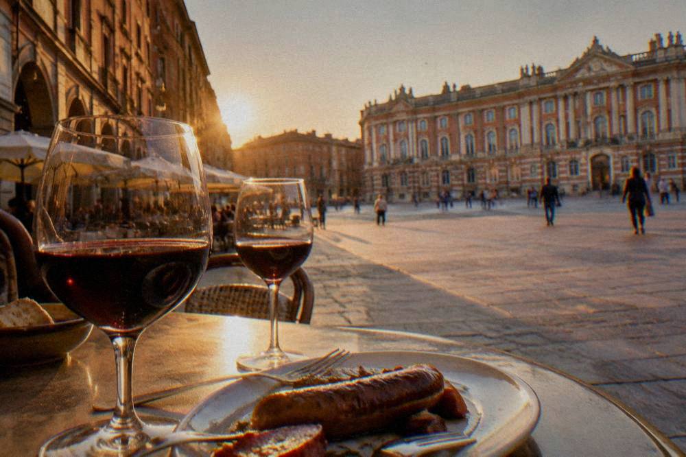 A table with wine glasses and a plate of sausage at a Toulouse wine bar