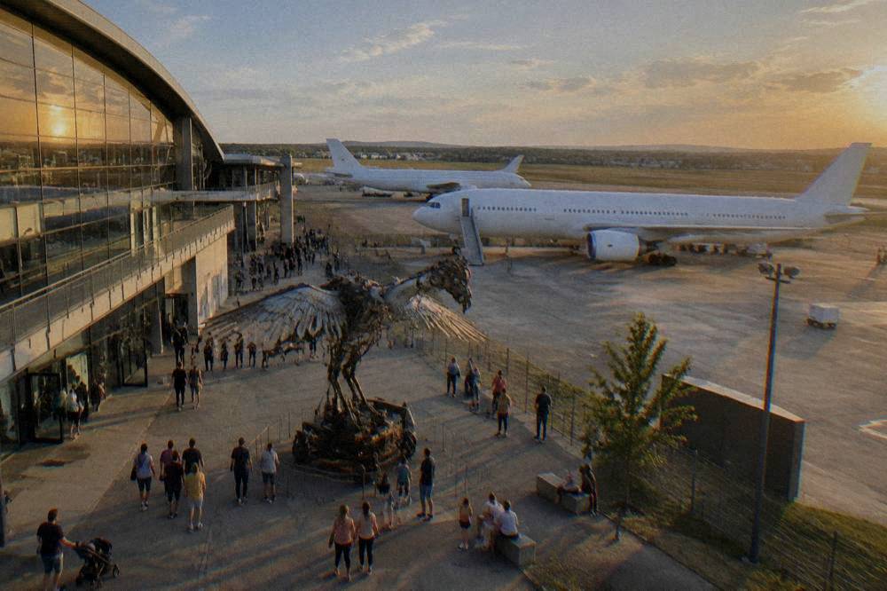 A mechanical machine venue with a large animated sculpture moving above a crowd