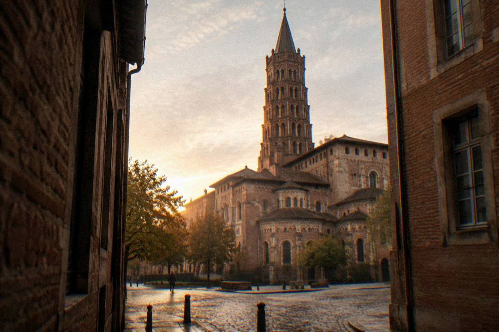 The bell tower of the basilica seen from a quiet side street at golden hour