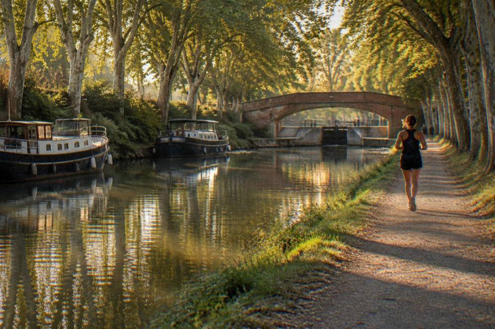 Golden evening light on the canal water with moored boats and plane trees