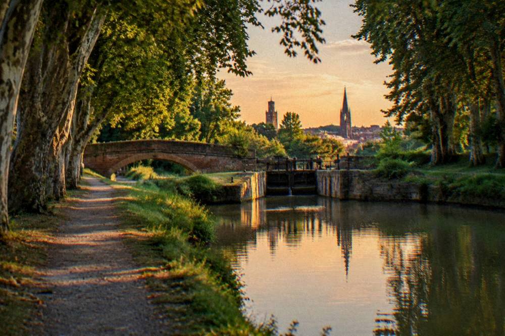 A quiet canal bank at sunset with the spires of Toulouse in the distance