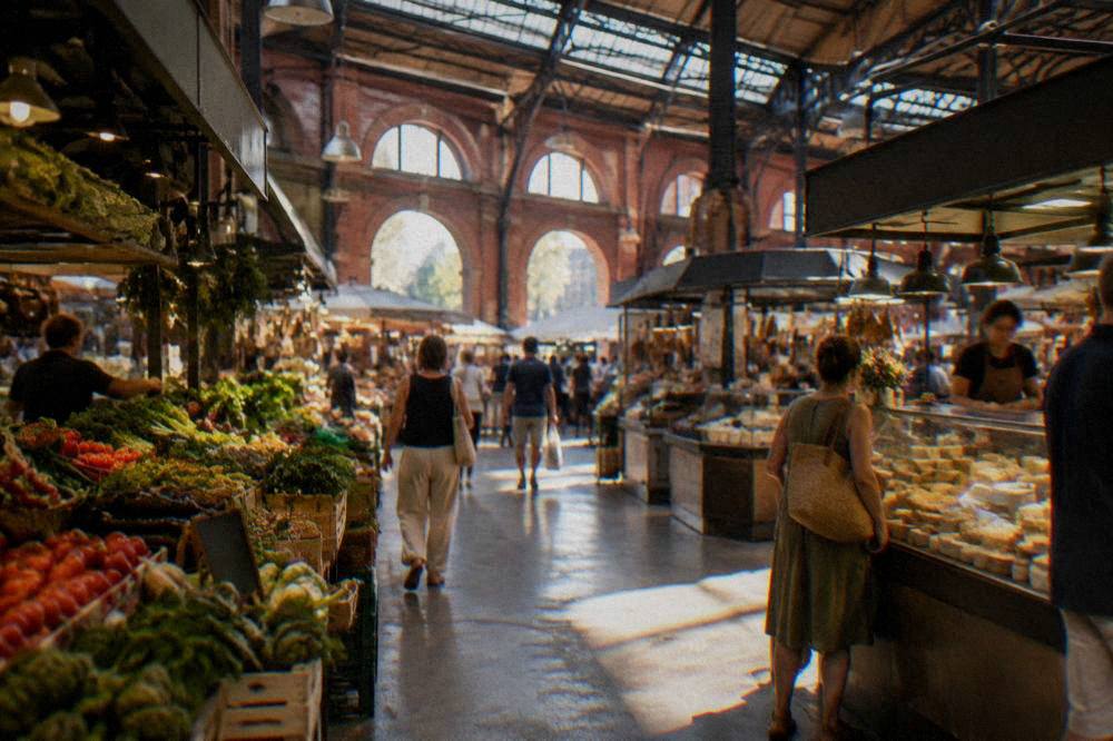 A market hall interior with food stalls and shoppers in Toulouse
