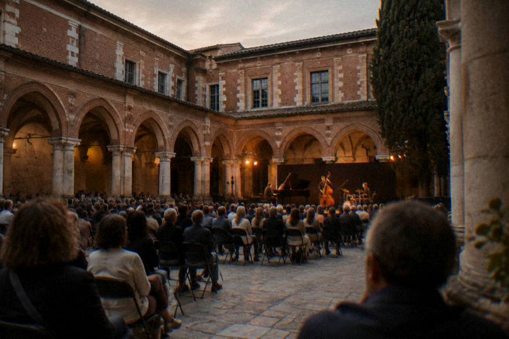 Concert audience seated in a stone cloister courtyard in the evening