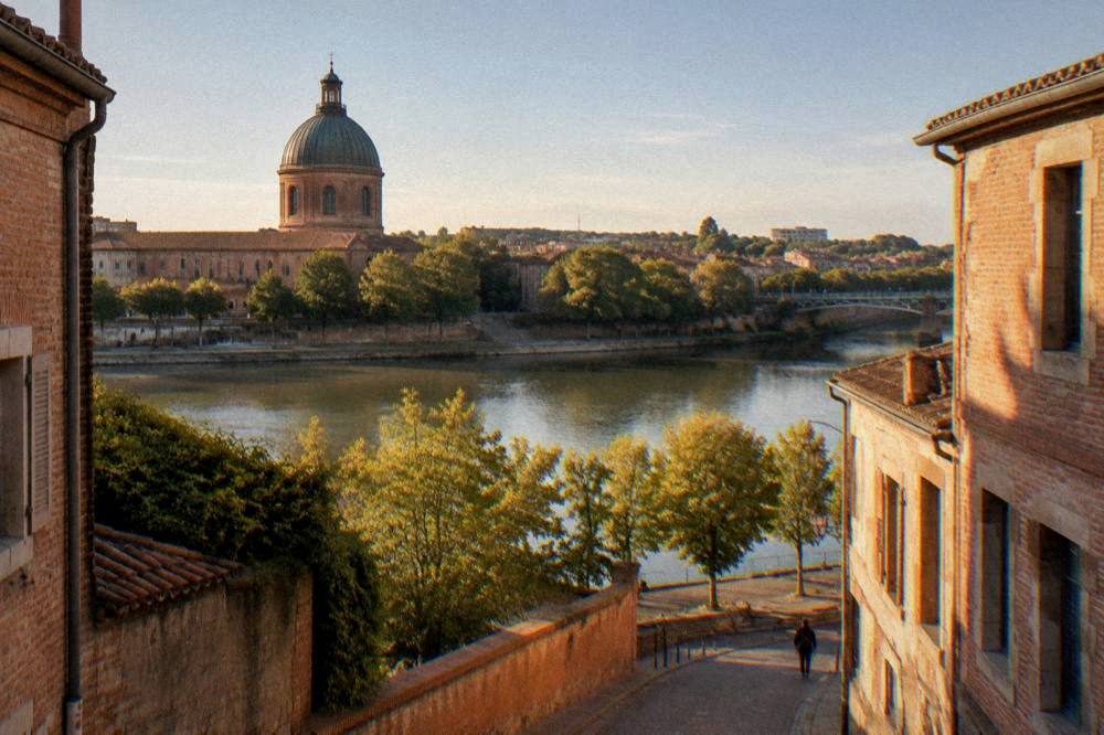 A narrow brick street in the La Grave quarter leading toward the river in Toulouse
