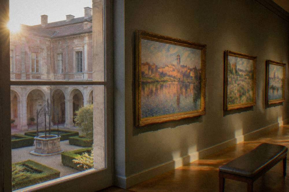 Impressionist oil paintings hung in a row in a Fondation Bemberg gallery room