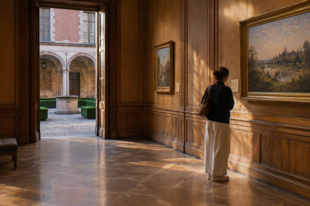 A visitor reading a painting label in a Fondation Bemberg gallery with wood-paneled walls