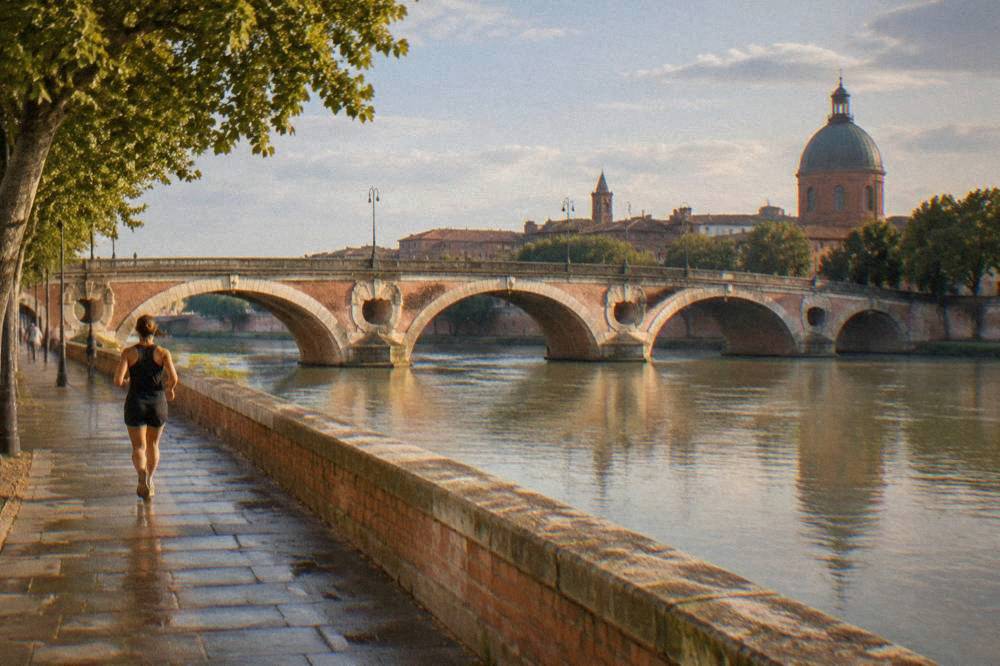 The Pont Neuf stone bridge crossing the Garonne with the Toulouse skyline behind it