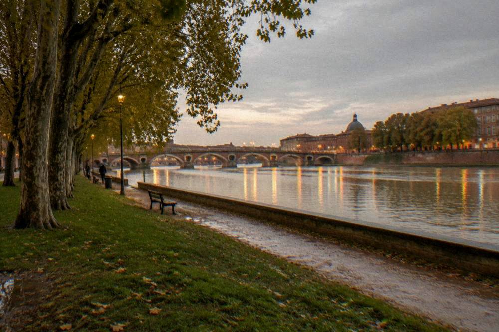 Evening lights reflecting on the Garonne River with the Pont Neuf in the background