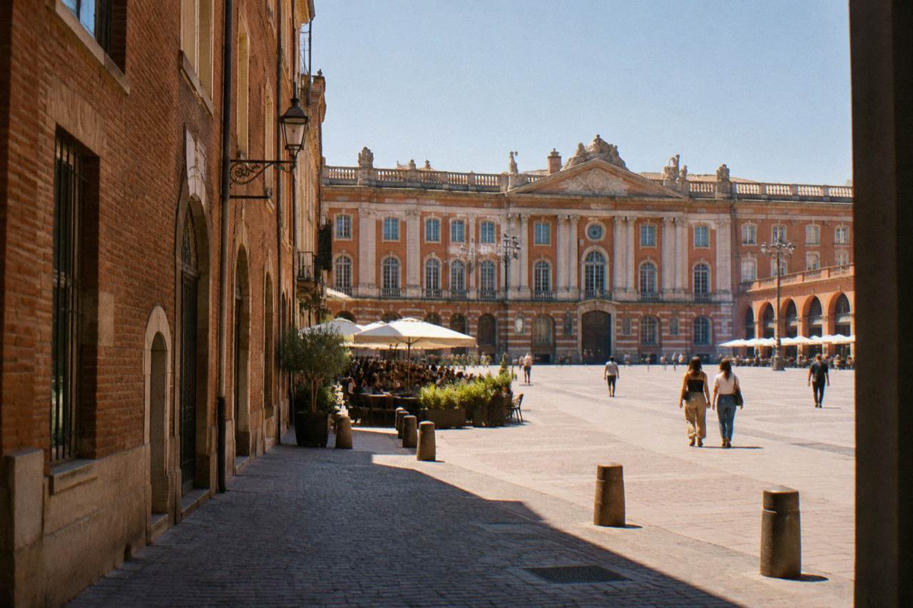 A tall pink-brick historic mansion facade in Toulouse with tall windows and a narrow old-town street in front