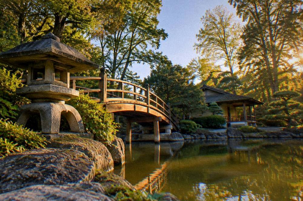 A wooden bridge and stone lantern beside a pond in a Japanese style garden at golden hour
