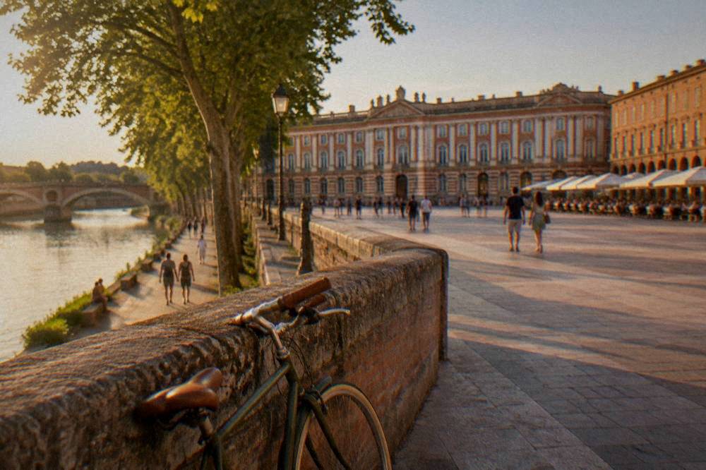 Trees along the Garonne riverbank in Toulouse in warm weather, with people strolling on the path