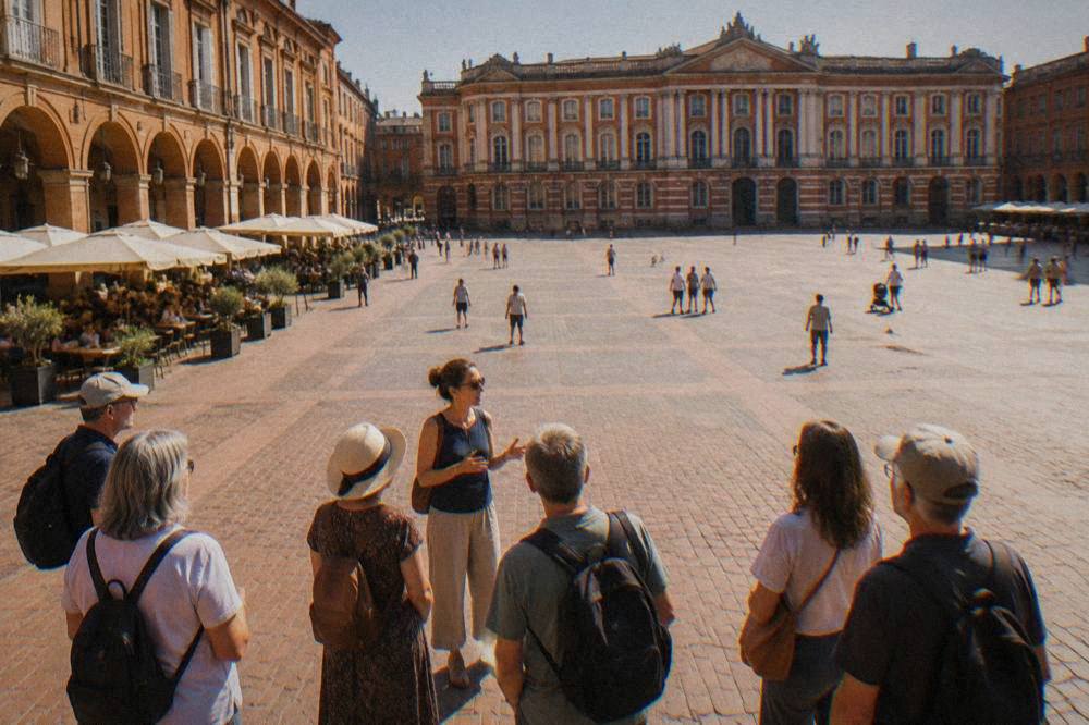 A guided walking group stopped in a pink brick street in Toulouse, with the guide talking to visitors
