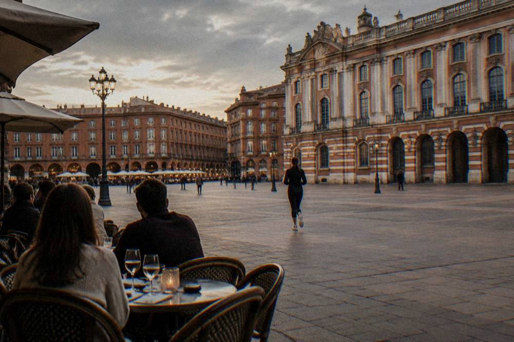People seated at an outdoor restaurant table on a Toulouse square in the evening