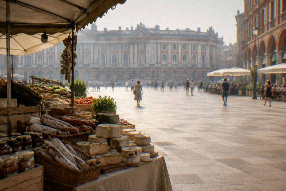 A market stall with cheeses, meats and regional produce in Toulouse