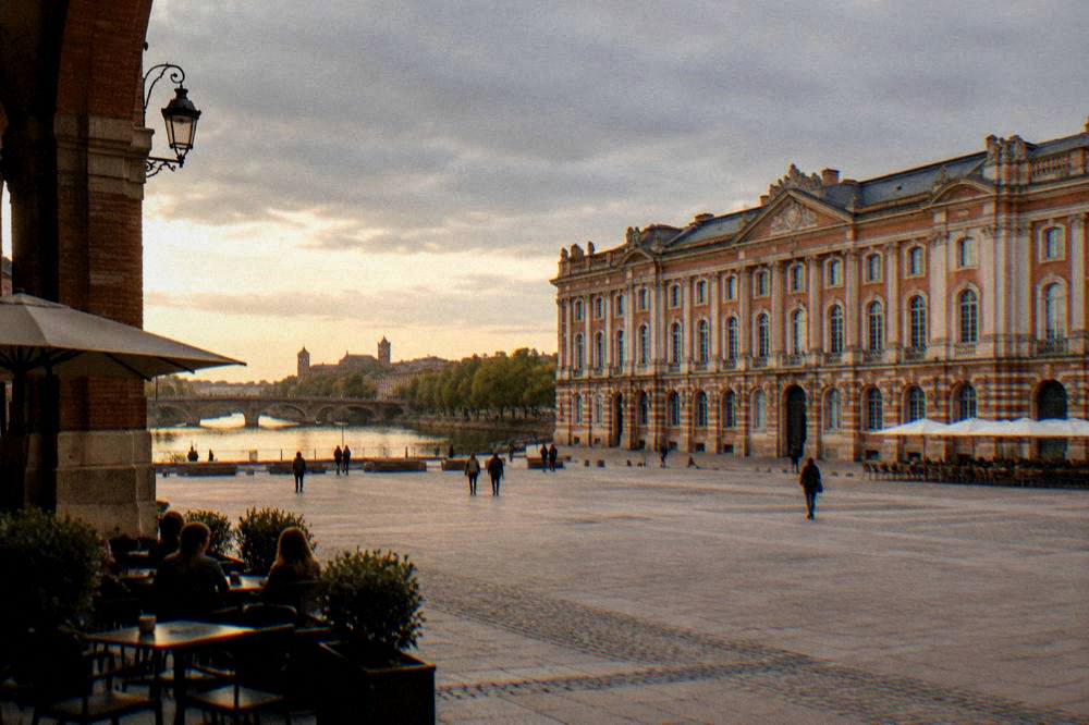 A wide view over the Garonne river in Toulouse with a historic bridge and evening light on the water