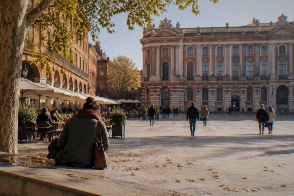 An autumn street in Toulouse with pink brick buildings and plane trees under a clear sky