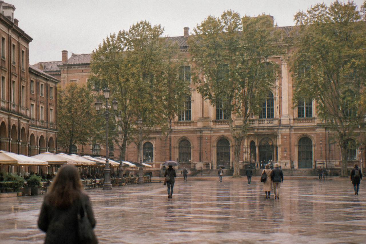 The facade of a stately brick museum building in Toulouse with tall trees in front of it