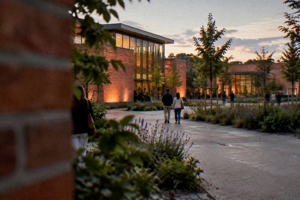 An evening view of an illuminated brick museum facade with people strolling in the garden outside