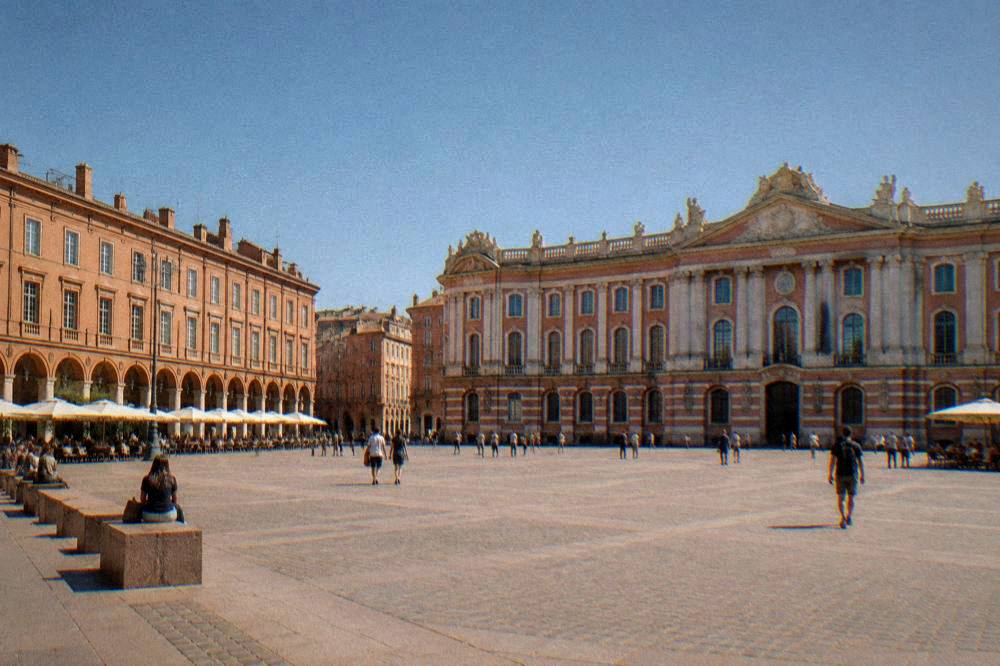 Morning light on the pink brick buildings of central Toulouse