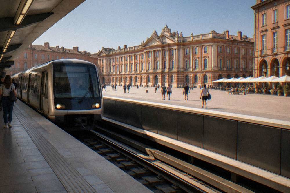 Metro station platform in Toulouse with a modern train arriving