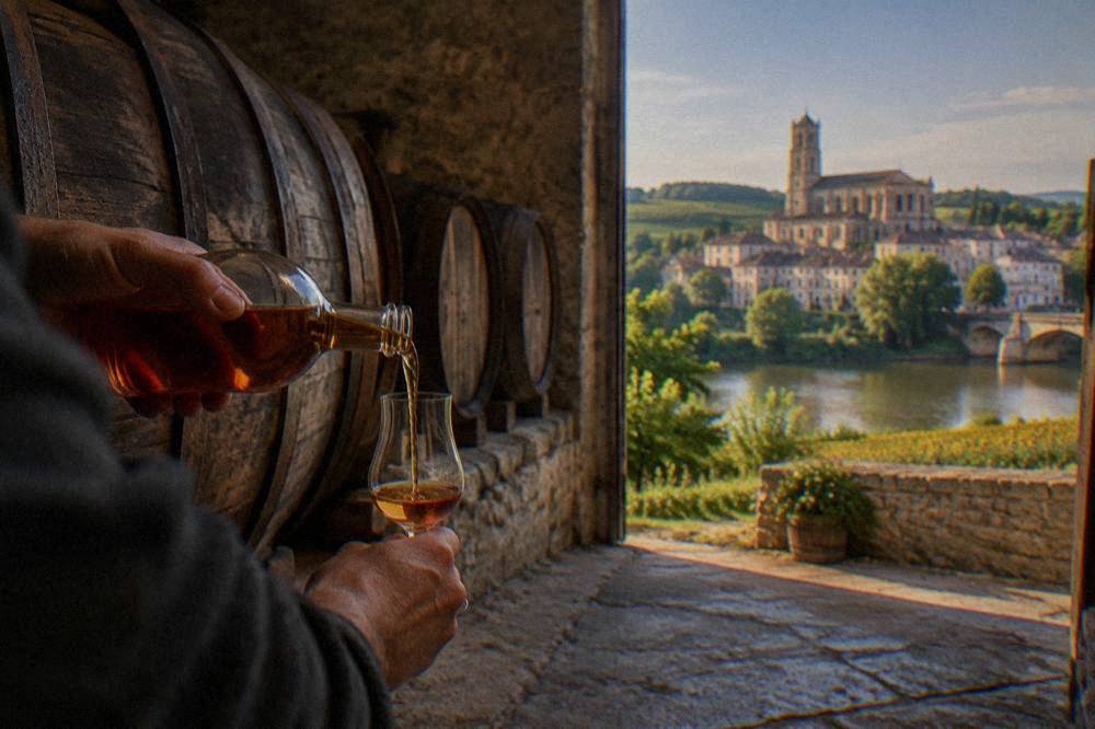 Amber Armagnac being poured into a small tulip glass beside an oak cask