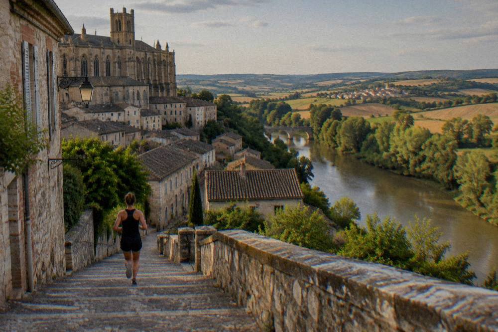 A view across Gascony countryside with rolling fields and a distant village