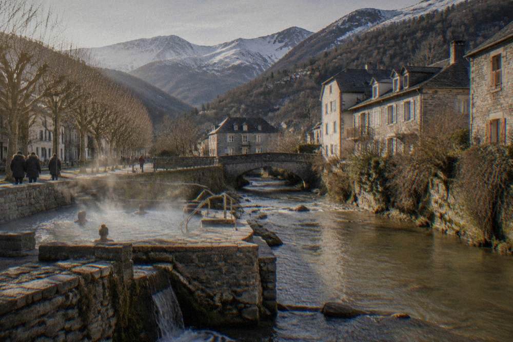 Outdoor thermal pool steaming in cold winter air under snowy peaks