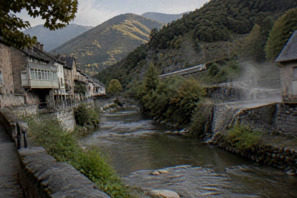 A train winding along a valley track toward mountains in morning light