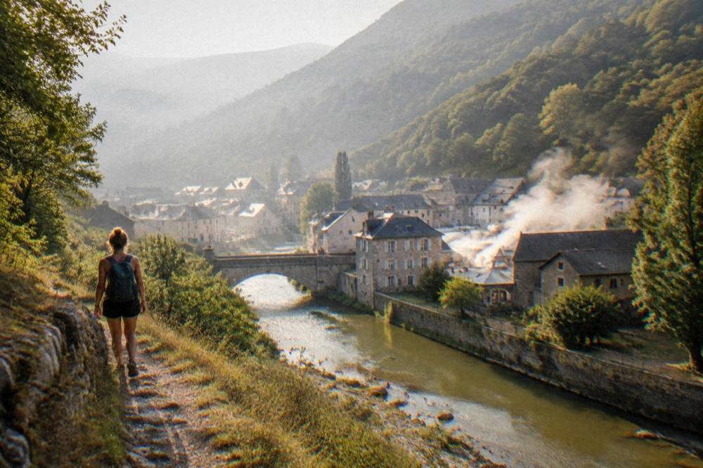 A hiker with a small daypack on a valley trail above a mountain town