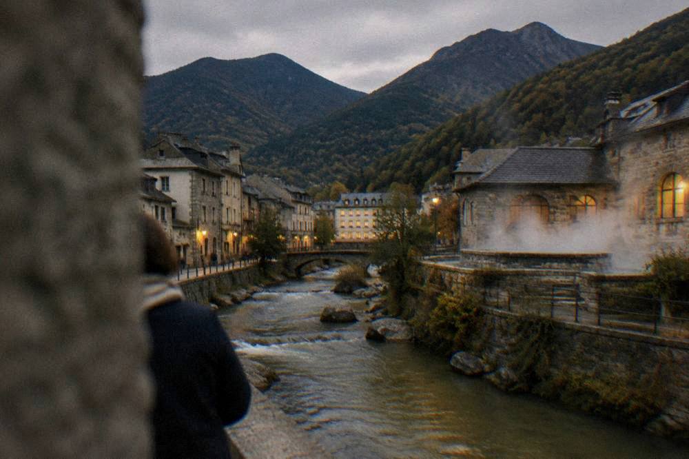 A mountain valley town at dusk with warm windows and dark peaks behind