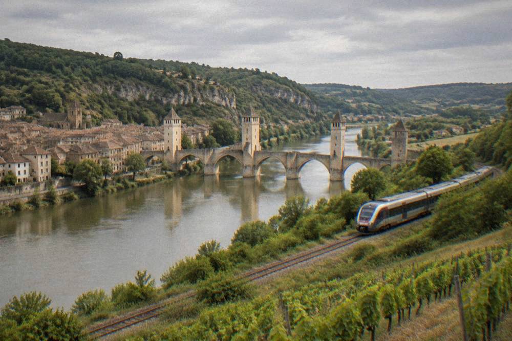 A train traveling through rolling green countryside with vineyards and small hills