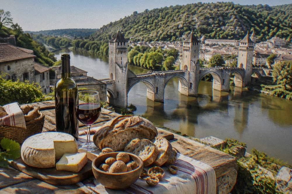 A rustic French market table with cheese, bread, walnuts and a bottle of dark red wine