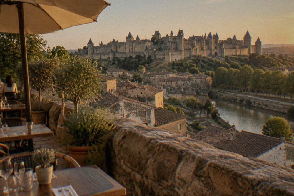 Terraced restaurant tables on a stone terrace overlooking rooftops of a medieval town