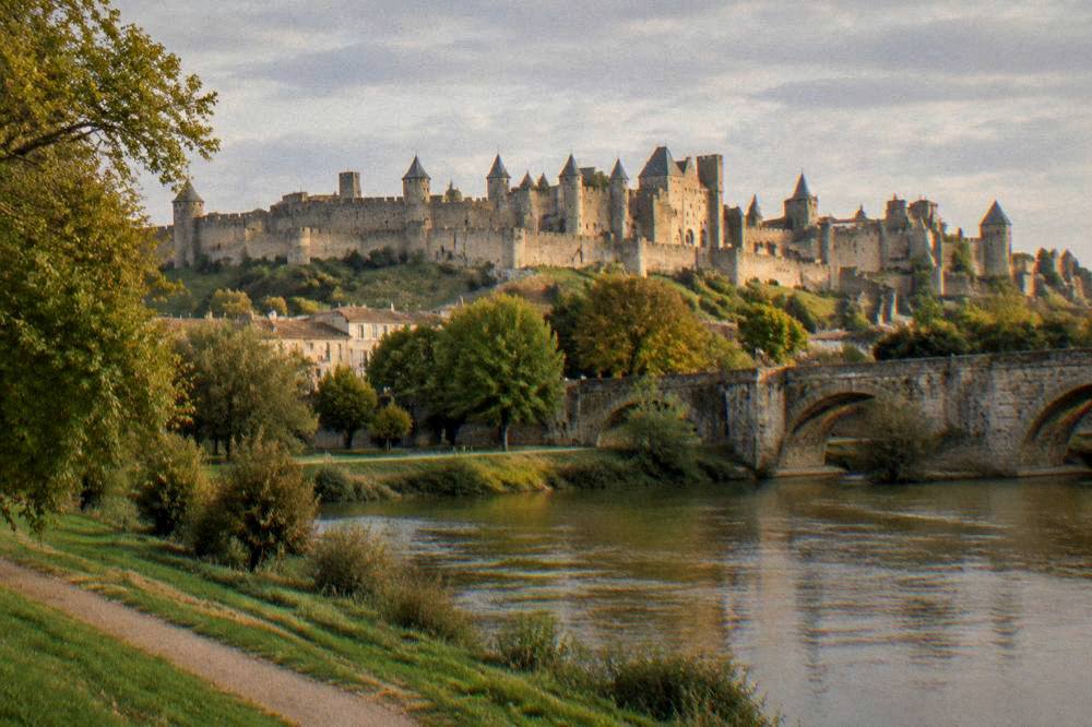 Wide view of a fortified hilltop city with dozens of stone towers above a river