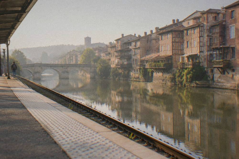 A regional train platform at a French railway station in morning light