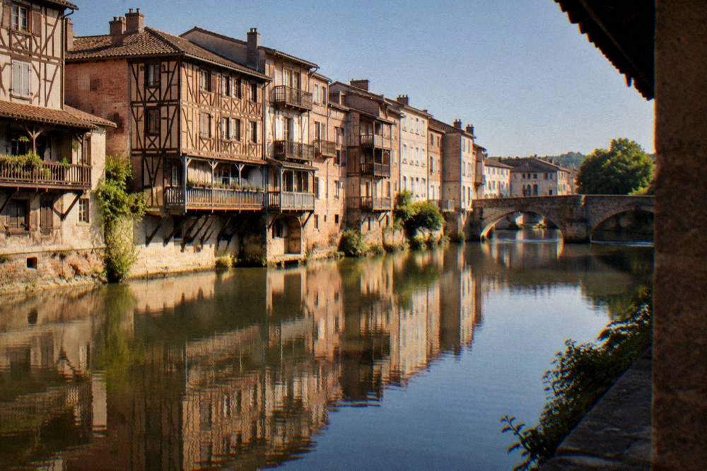 A calm river reflecting old timbered facades at dusk in a small French town