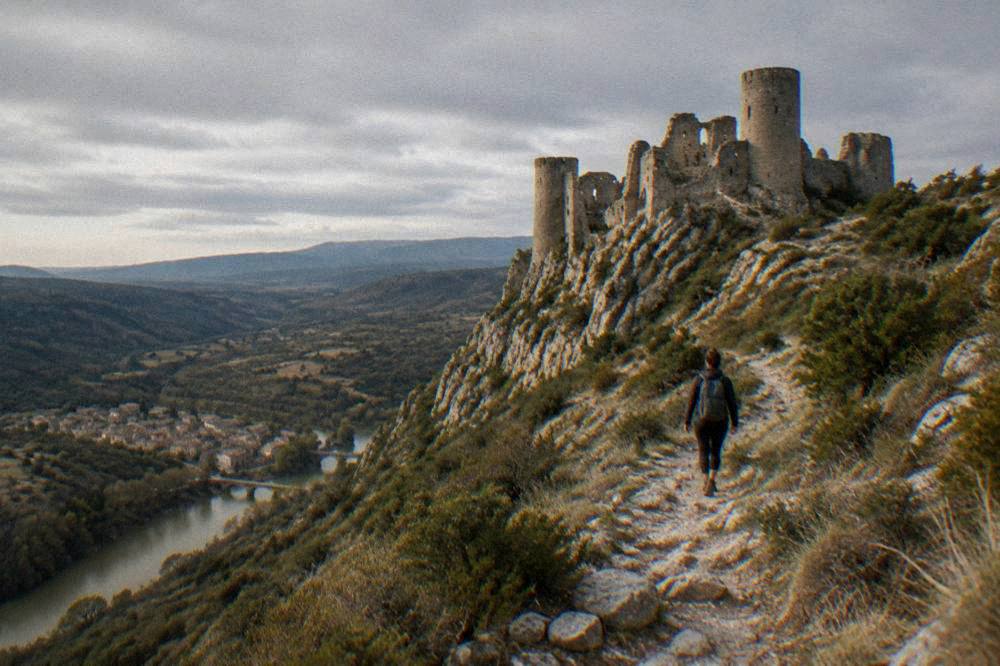 A medieval castle with round towers on a rock above a small town and a river valley