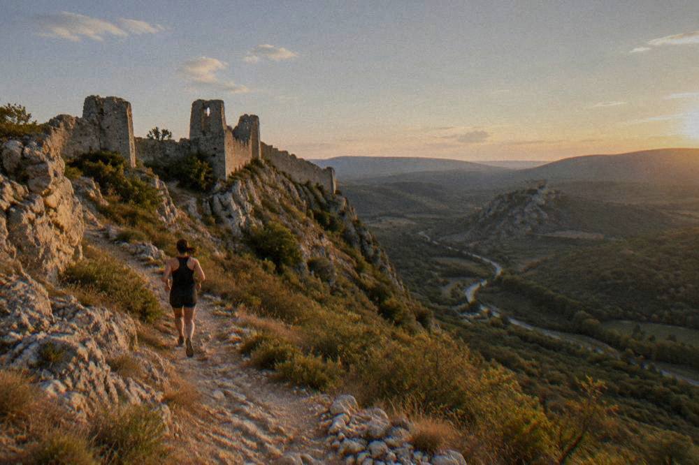 A narrow winding road through forested hills toward a distant stone ruin
