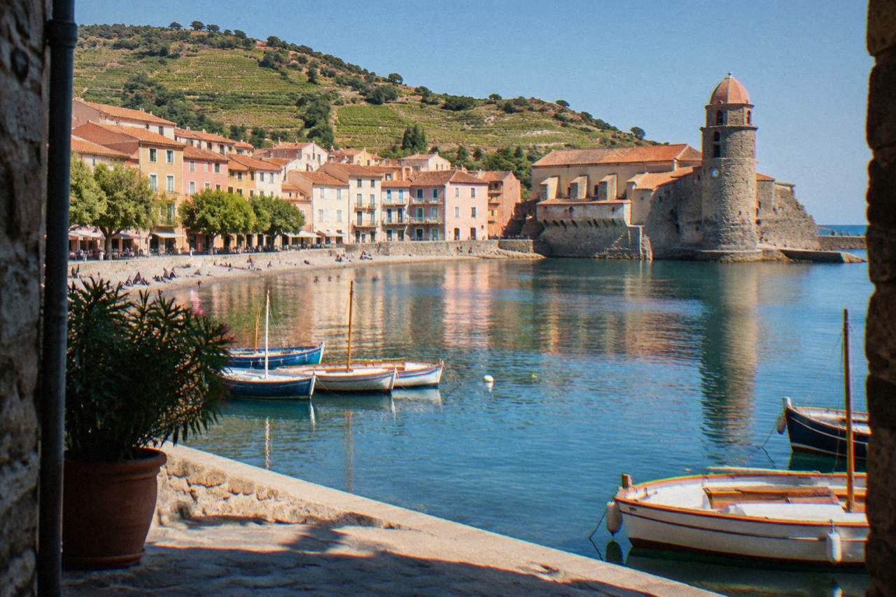 Colorful houses of a Mediterranean fishing village reflected in the water of a small harbor