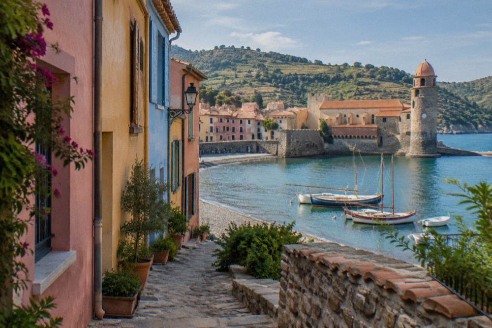 A narrow village street lined with painted facades in shades of pink, ochre and blue