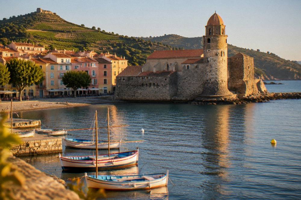 Golden evening light over a Mediterranean harbor with a stone castle and calm water