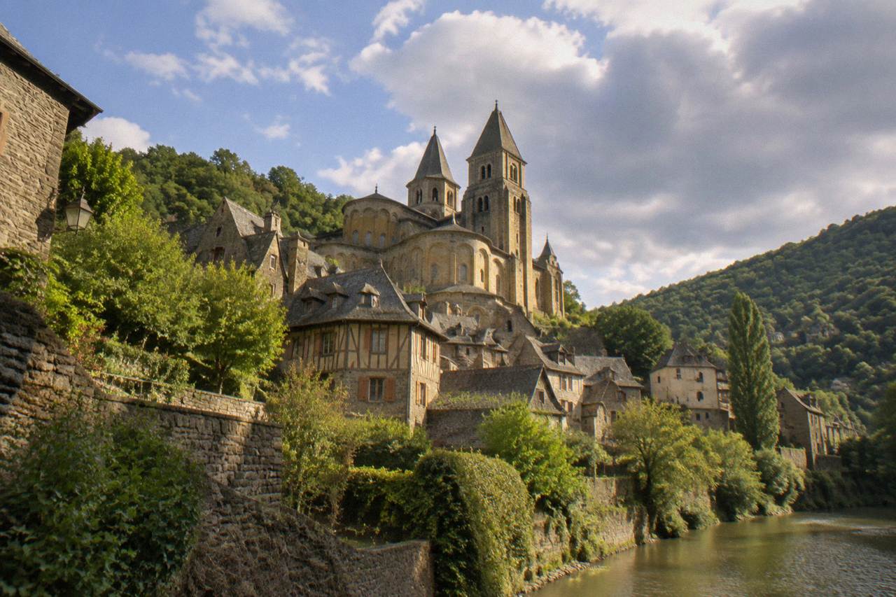 Stone village of Conques with its abbey church towers rising above tiled roofs in a wooded valley