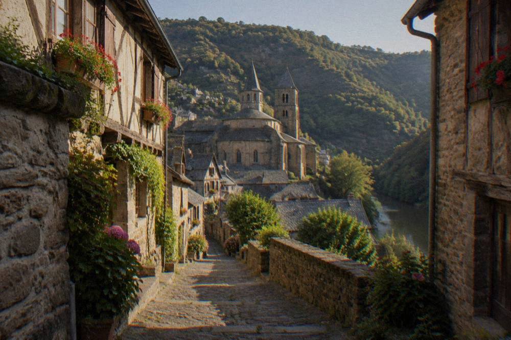 Narrow stone lane in Conques with half-timbered upper floors and flower boxes under the eaves