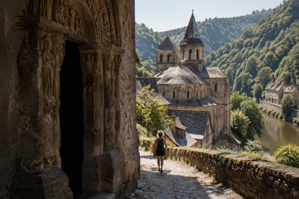 Carved stone tympanum above the west door of the abbey church in Conques