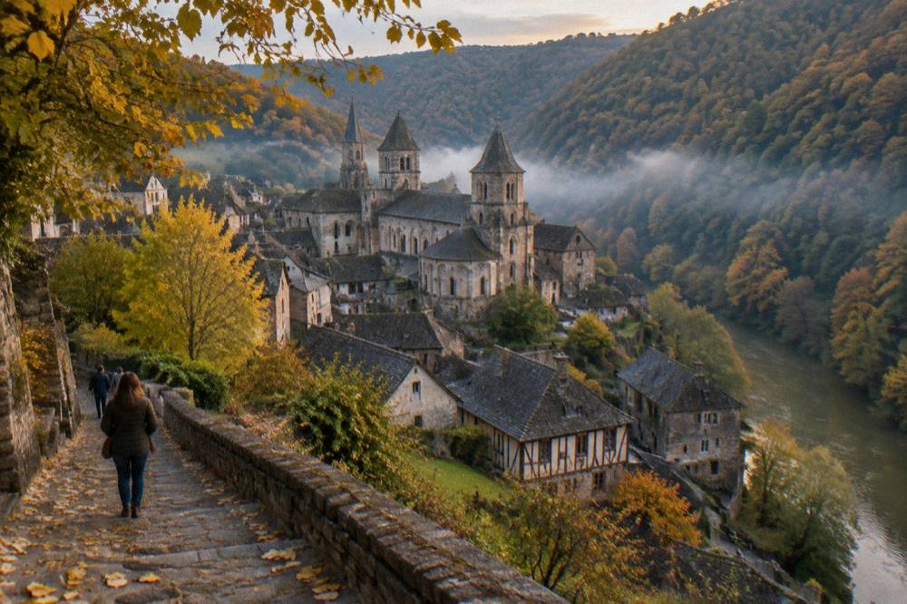Autumn colors in the wooded valley around Conques with morning mist over the rooftops