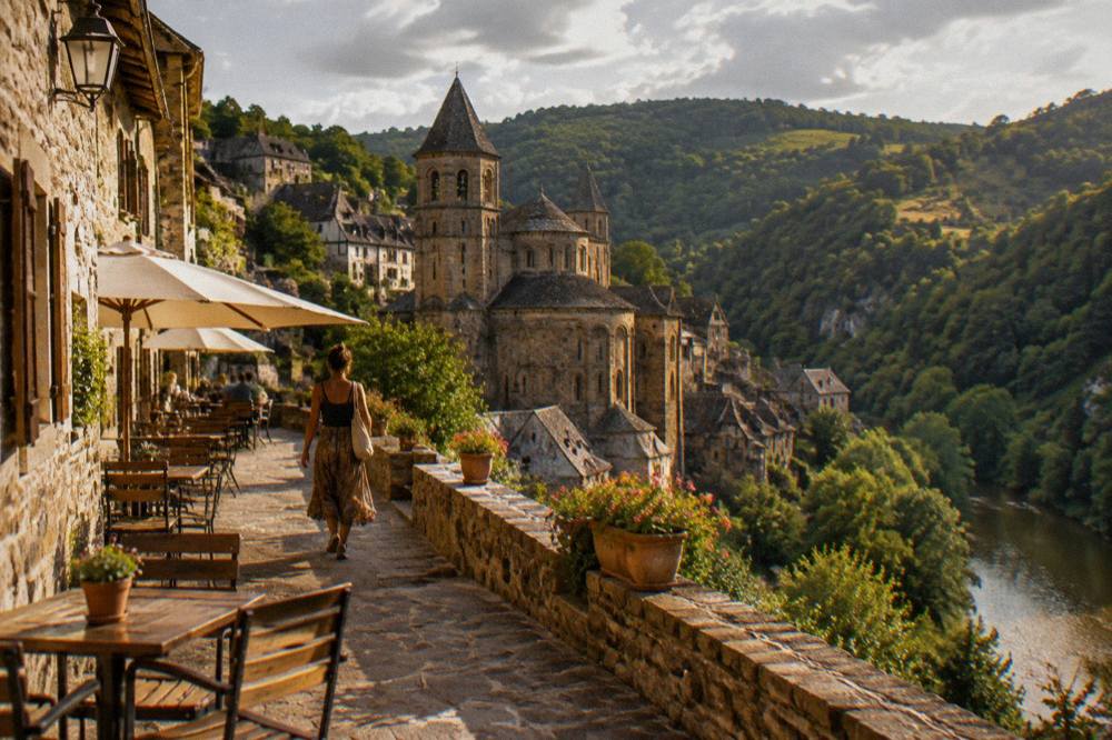 Terrace of a small cafe on the church square in Conques with stone facades in warm evening light