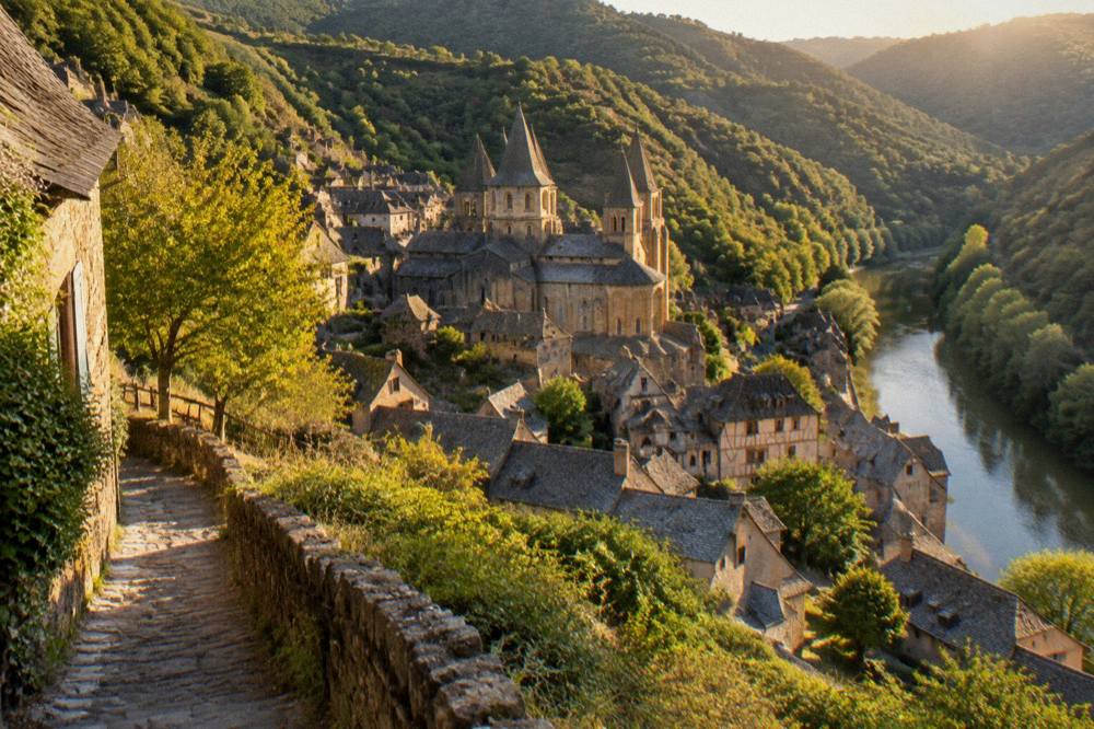 Wide view of Conques village and abbey towers seen from the valley path at golden hour